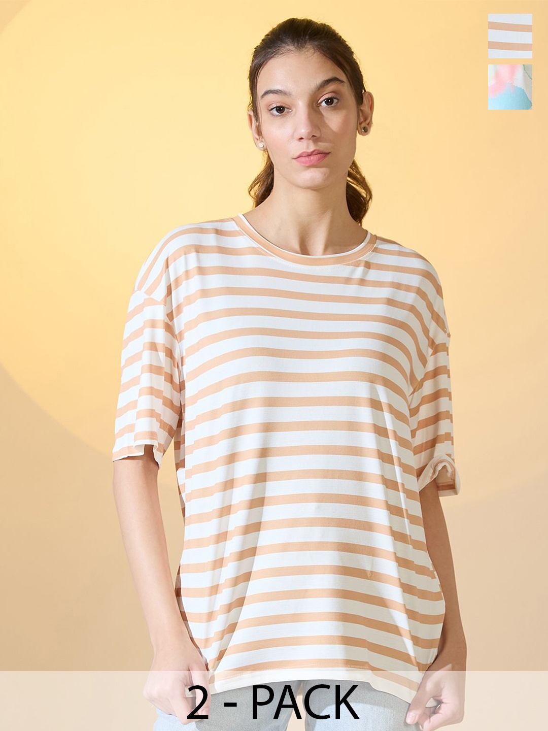 

DressBerry Women Pack Of 2 Striped and Abstract Printed Oversized T-shirt, Multi