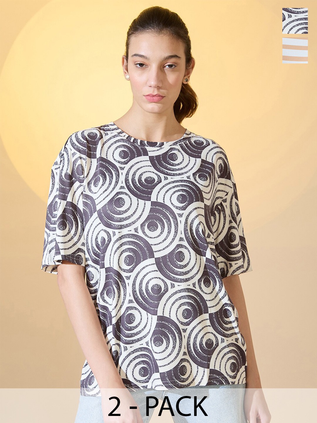 

DressBerry Women Pack Of 2 Abstract And Striped Printed Oversized T-shirt, Black