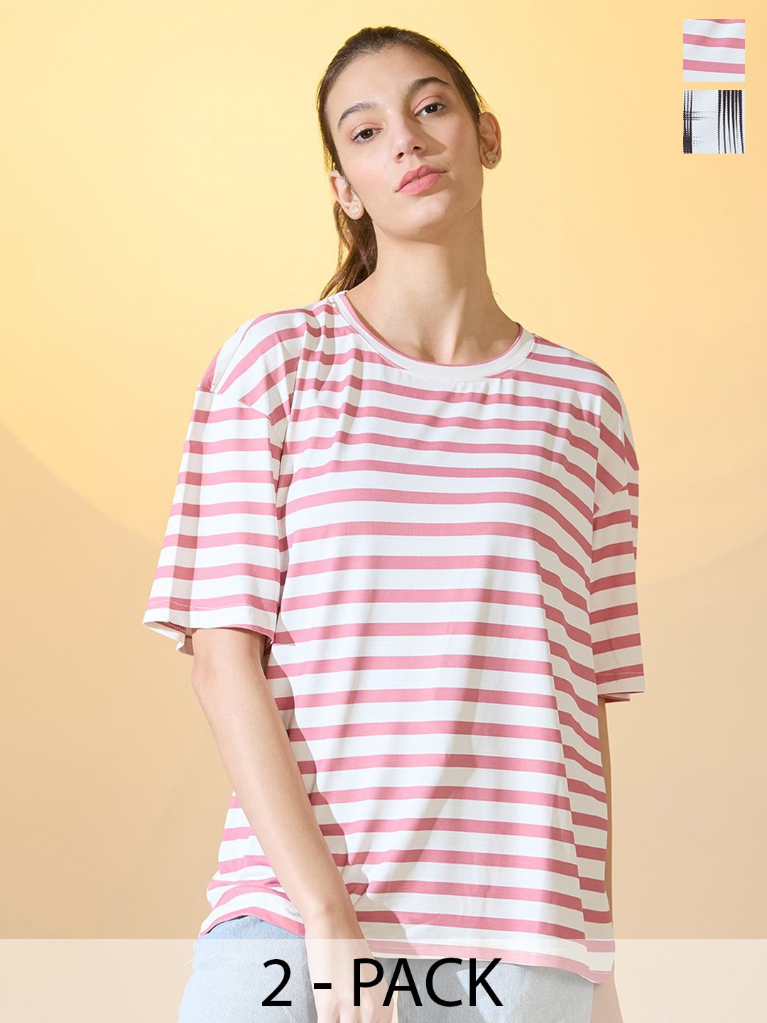 

DressBerry Pack Of 2 Women Round Neck Oversized T-shirts, Multi