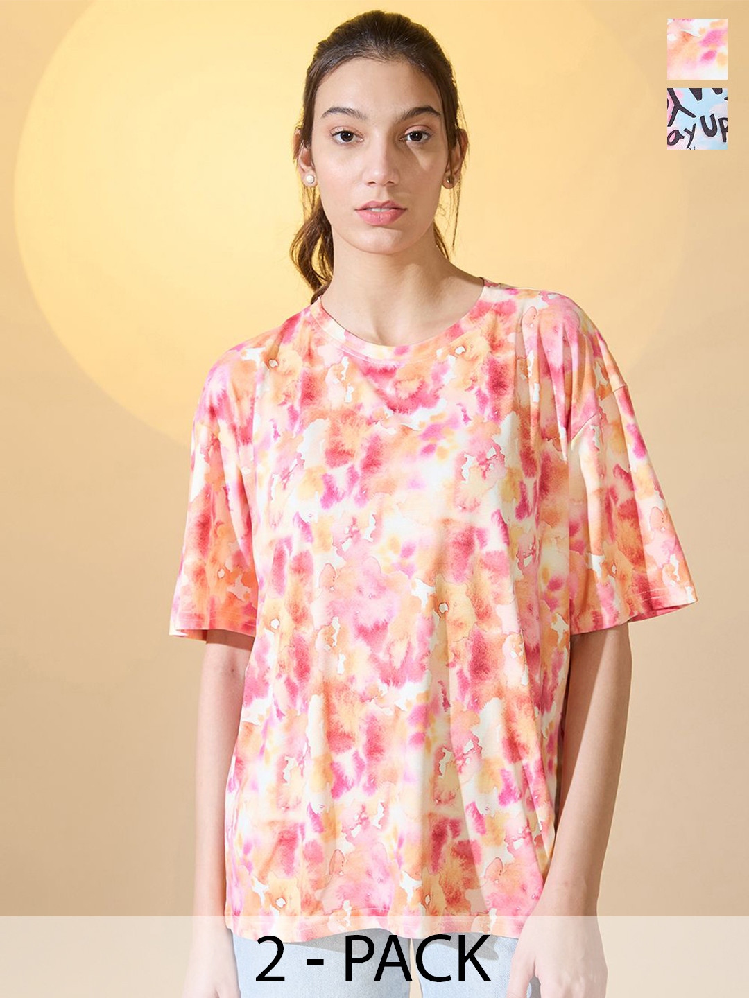 

DressBerry Pack Of 2 Women Round Neck Oversized T-shirts, Multi