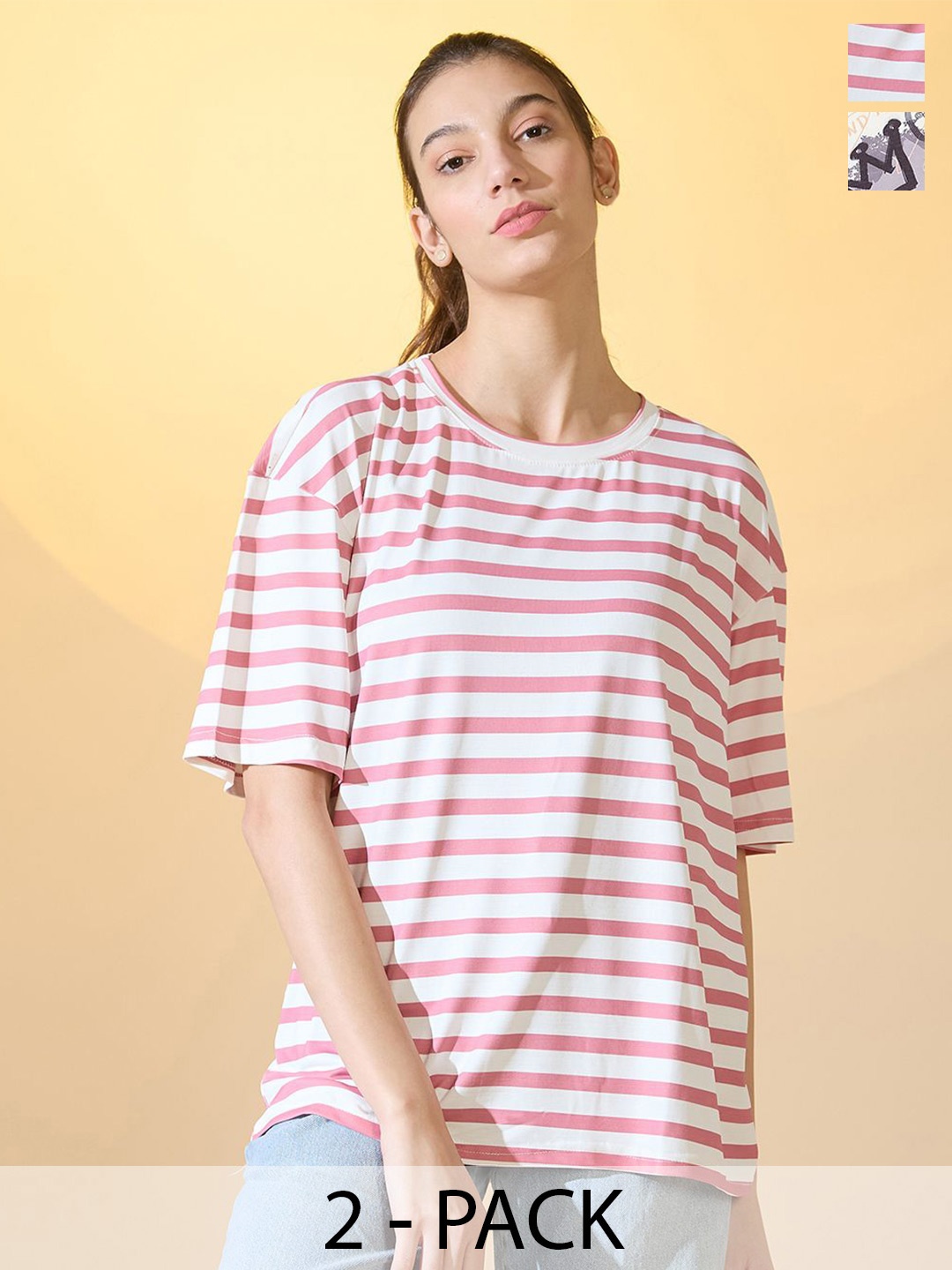 

DressBerry Pack Of 2 Women Striped Round Neck Oversized T-shirts, White