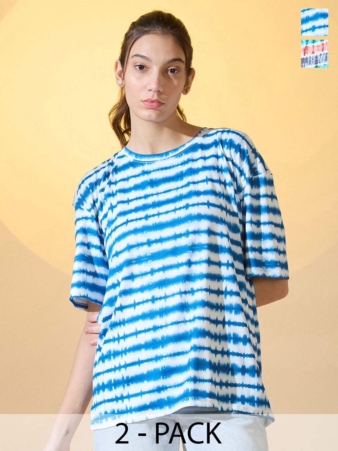 

DressBerry Pack Of 2 Women Round Neck Oversized T-shirts, Multi