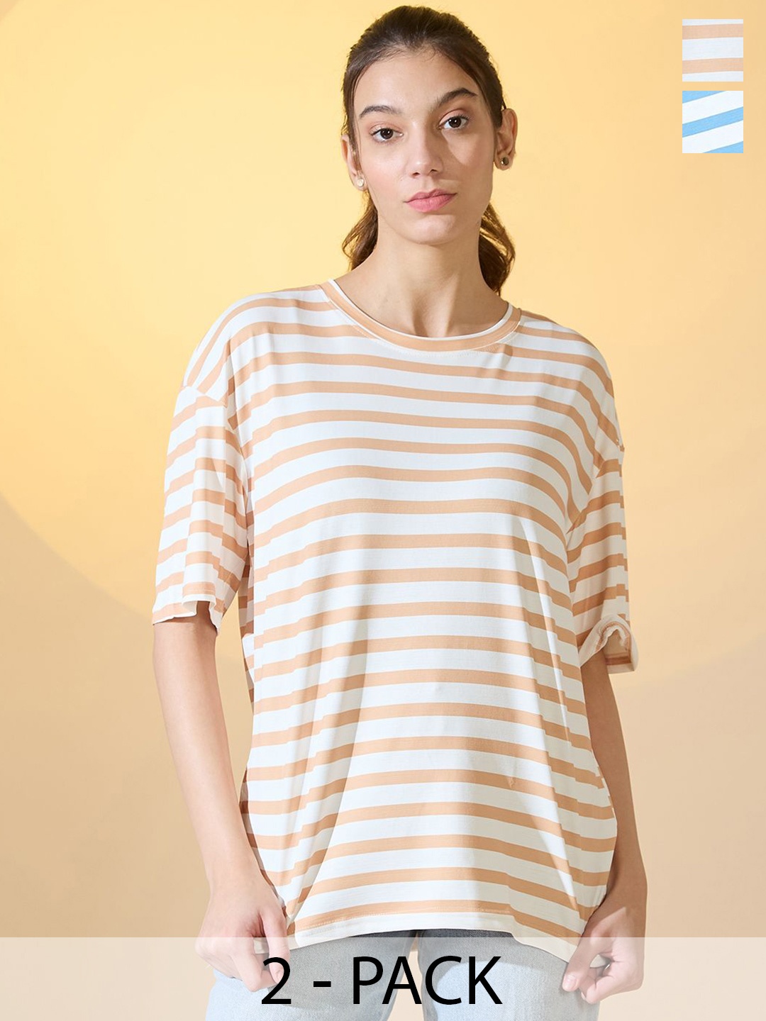 

DressBerry Women Pack Of 2 Round Neck Striped Oversized T-shirts, White