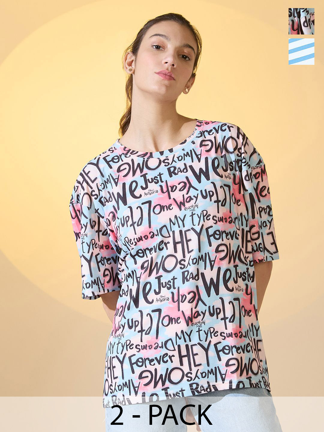 

DressBerry Pack Of 2 Women Round Neck Oversized T-shirts, Multi