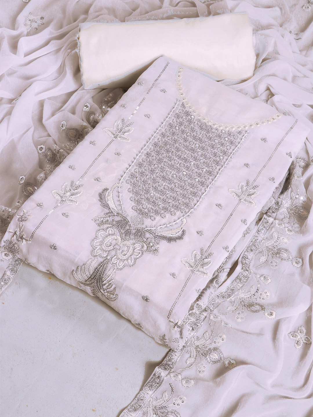 

MAHALASA Ethnic Motifs Embroidered Sequinned Unstitched Dress Material, White