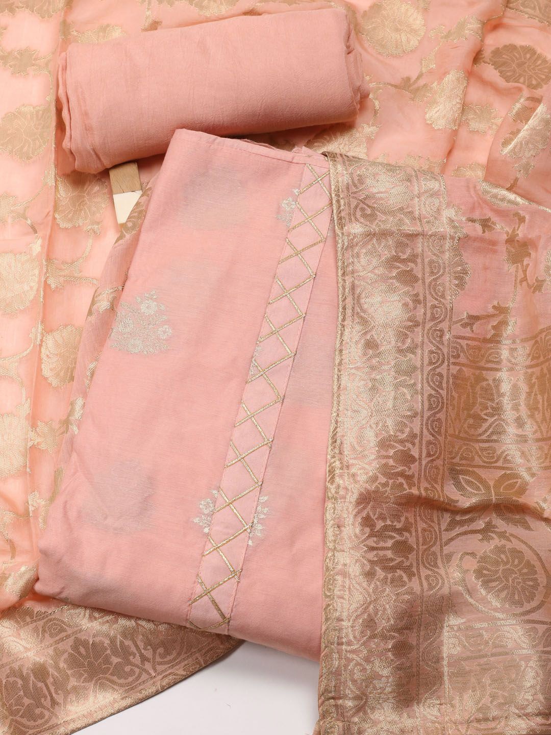 

Meena Bazaar Ethnic Motifs Woven Design Zari Unstitched Dress Material, Peach
