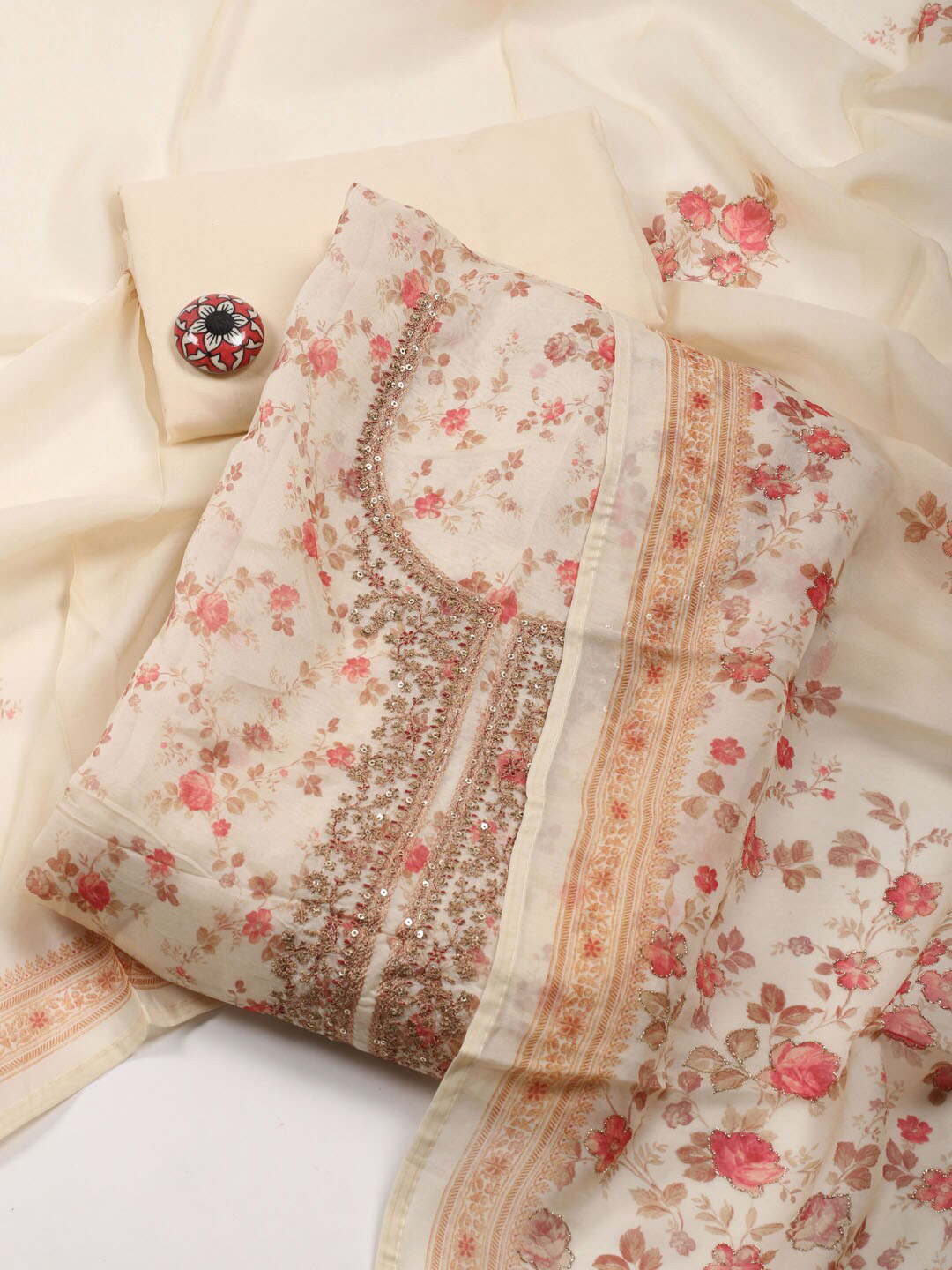 

Meena Bazaar Floral Printed Sequinned Organza Unstitched Dress Material, Cream