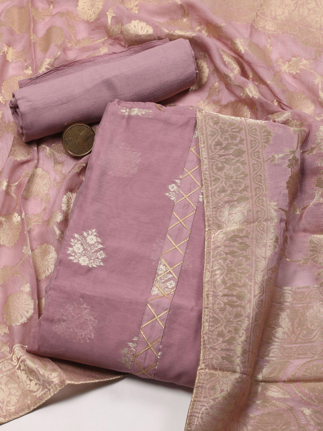 

Meena Bazaar Ethnic Motifs Woven Design Zari Unstitched Dress Material, Purple
