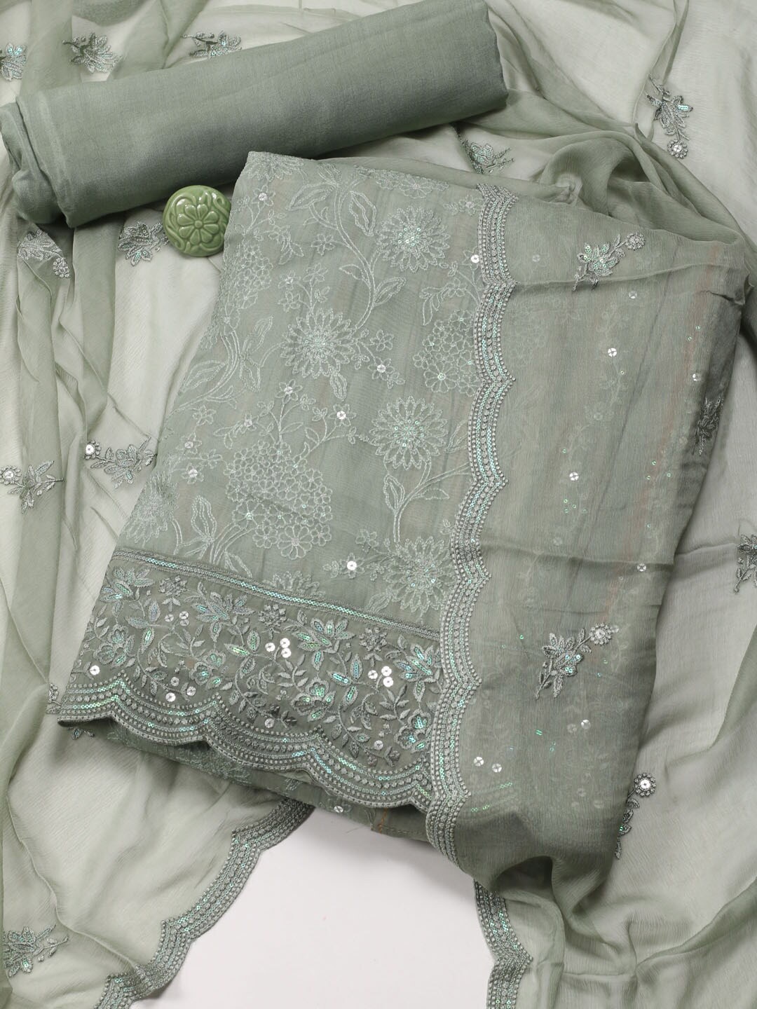 

Meena Bazaar Floral Embroidered Sequinned Organza Unstitched Dress Material, Green