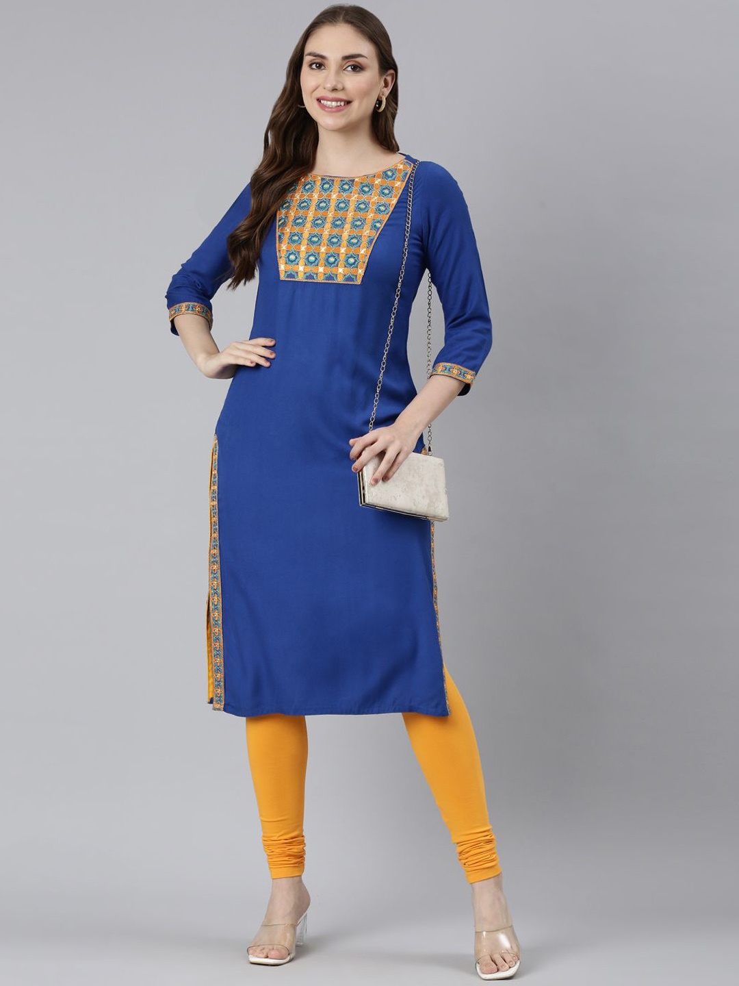 

Souchii Women Yoke Design Flared Sleeves Mirror Work Grandeur & Majestic Artwork Kurta, Blue