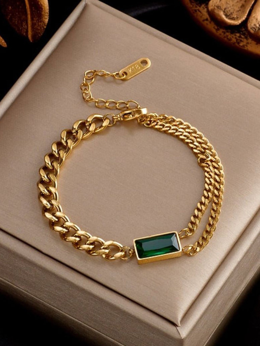 

SALTY Serene Stainless Steel Emerald Studded Link Bracelet, Gold