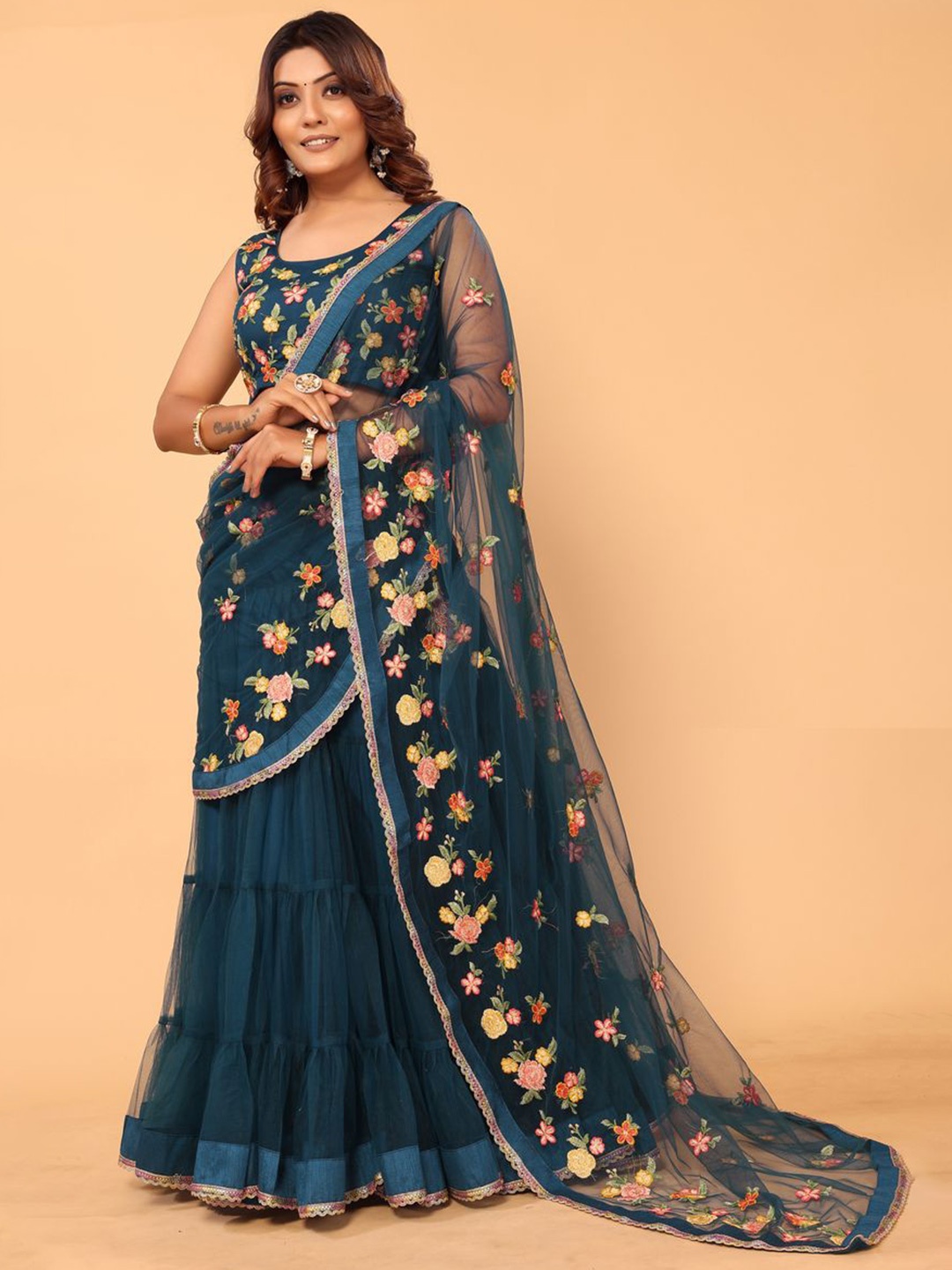 

PATLANI STYLE Floral Embroidered Net Ready to Wear Saree, Blue