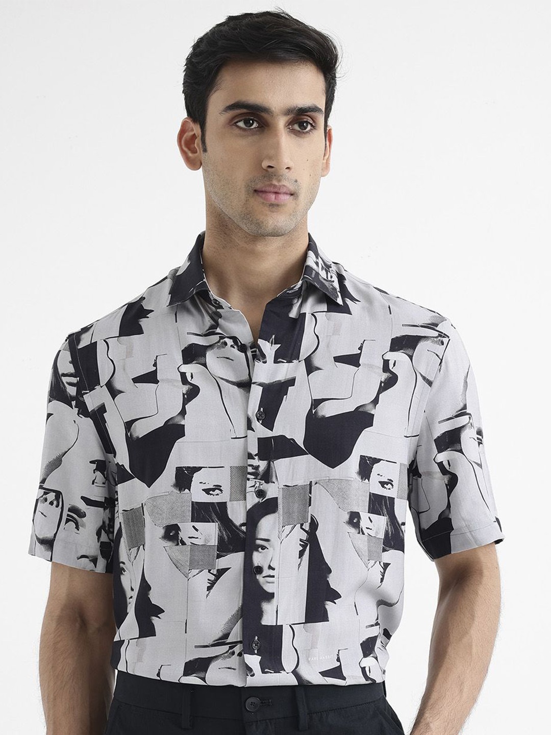 

RARE RABBIT Men Printed Duval Ss Boxy Opaque Shirt, Grey