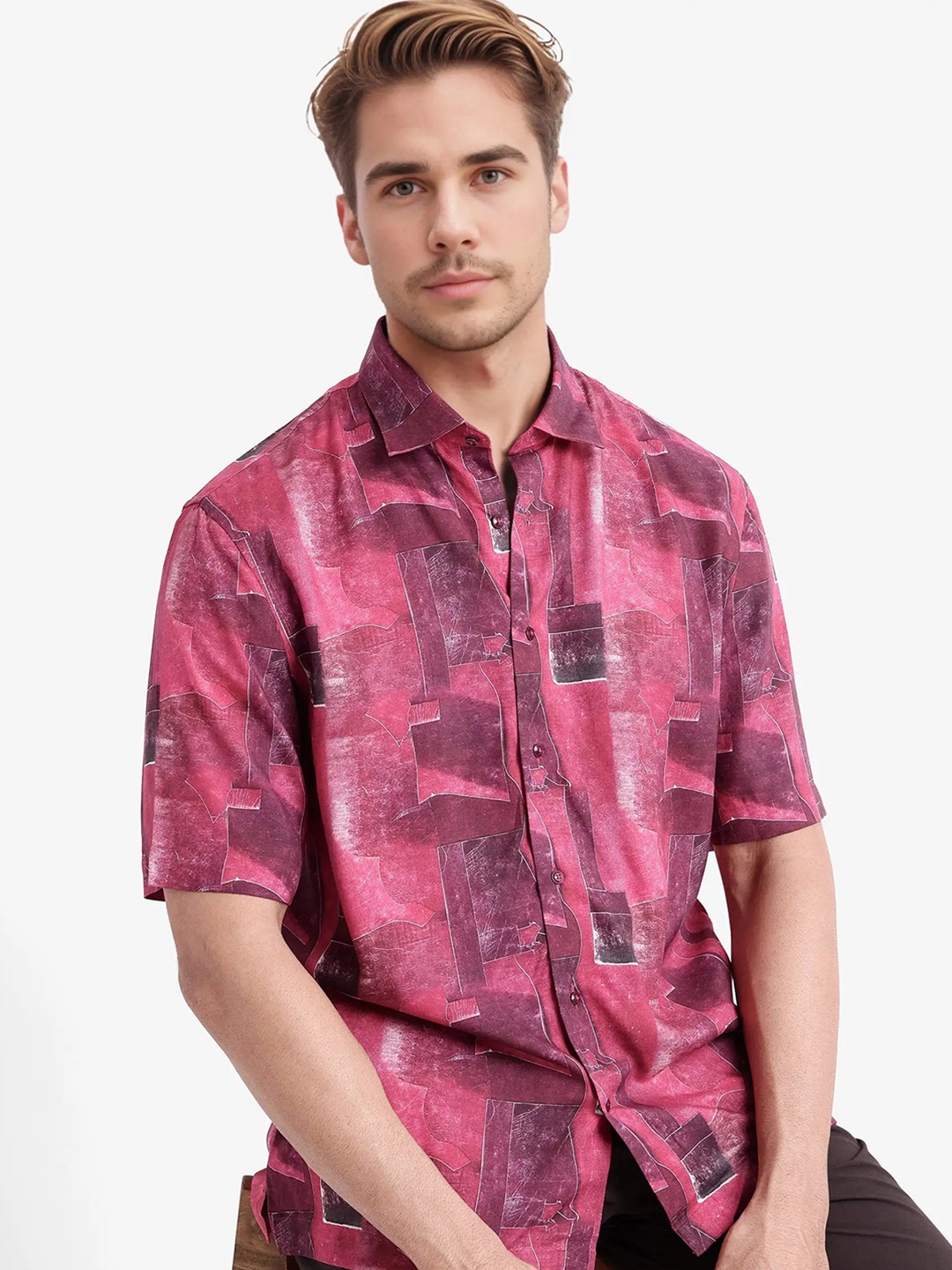 

RARE RABBIT Men Printed Sheat Regular Fit Opaque Shirt, Maroon