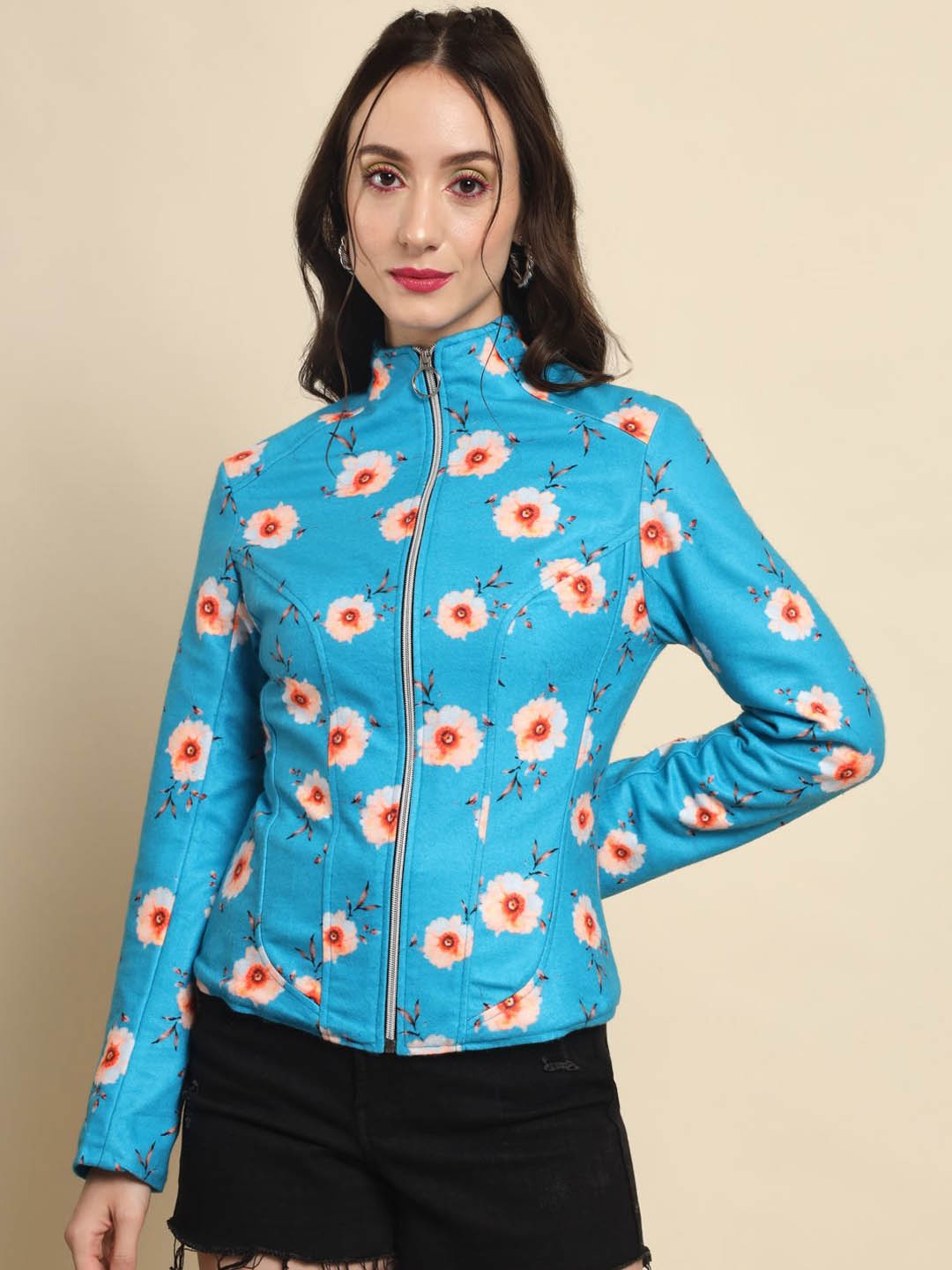TANDUL Women Fleece Lightweight Tailored Jacket with Patchwork, Blue