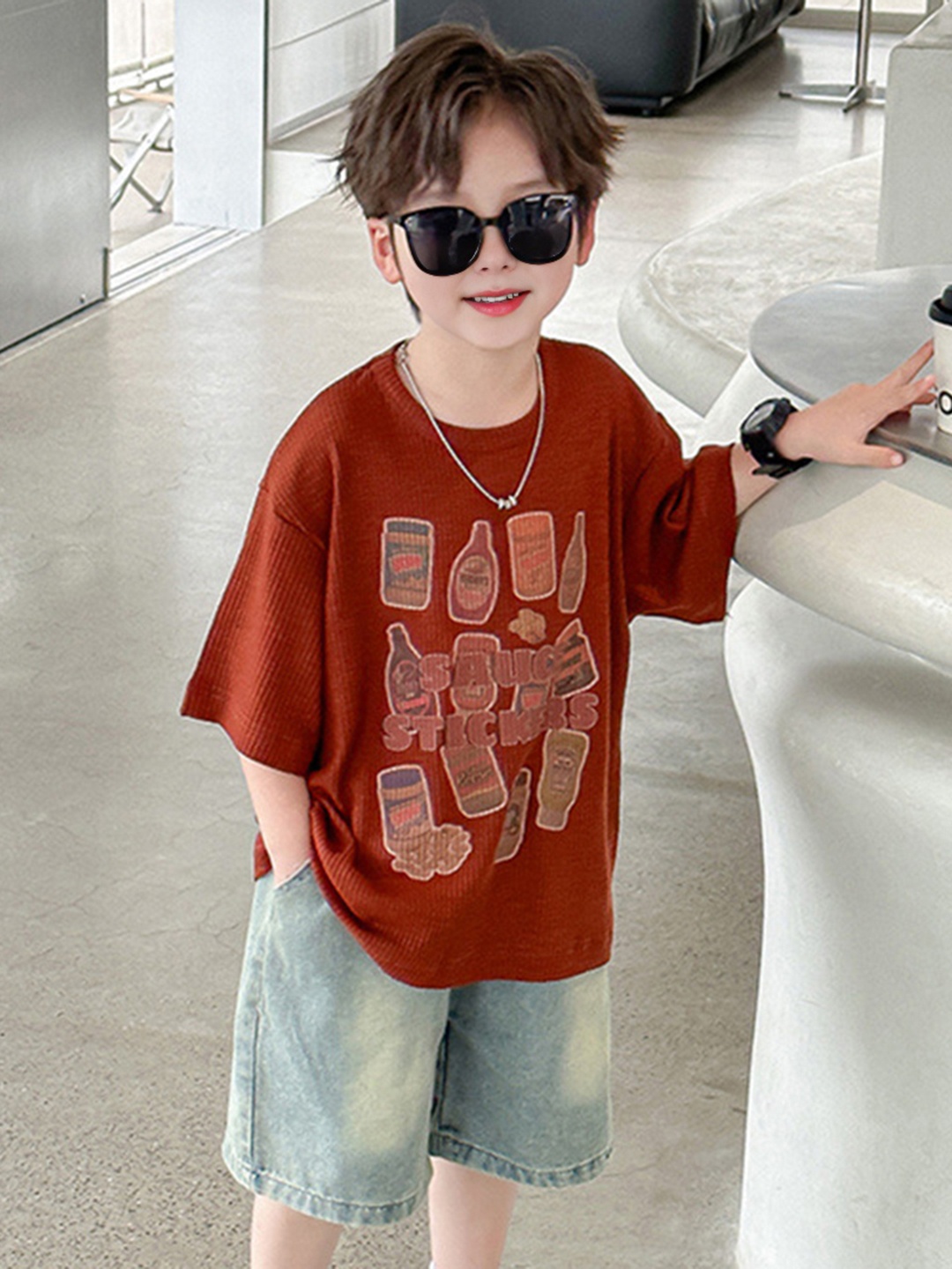 

INCLUD Boys Self Design T-Shirt With Denim Short Set, Orange