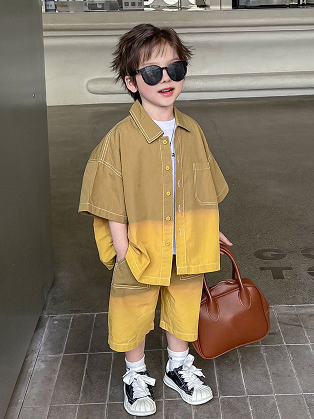 

INCLUD Boys Dyed T-shirt And Shirt With Shorts, Khaki