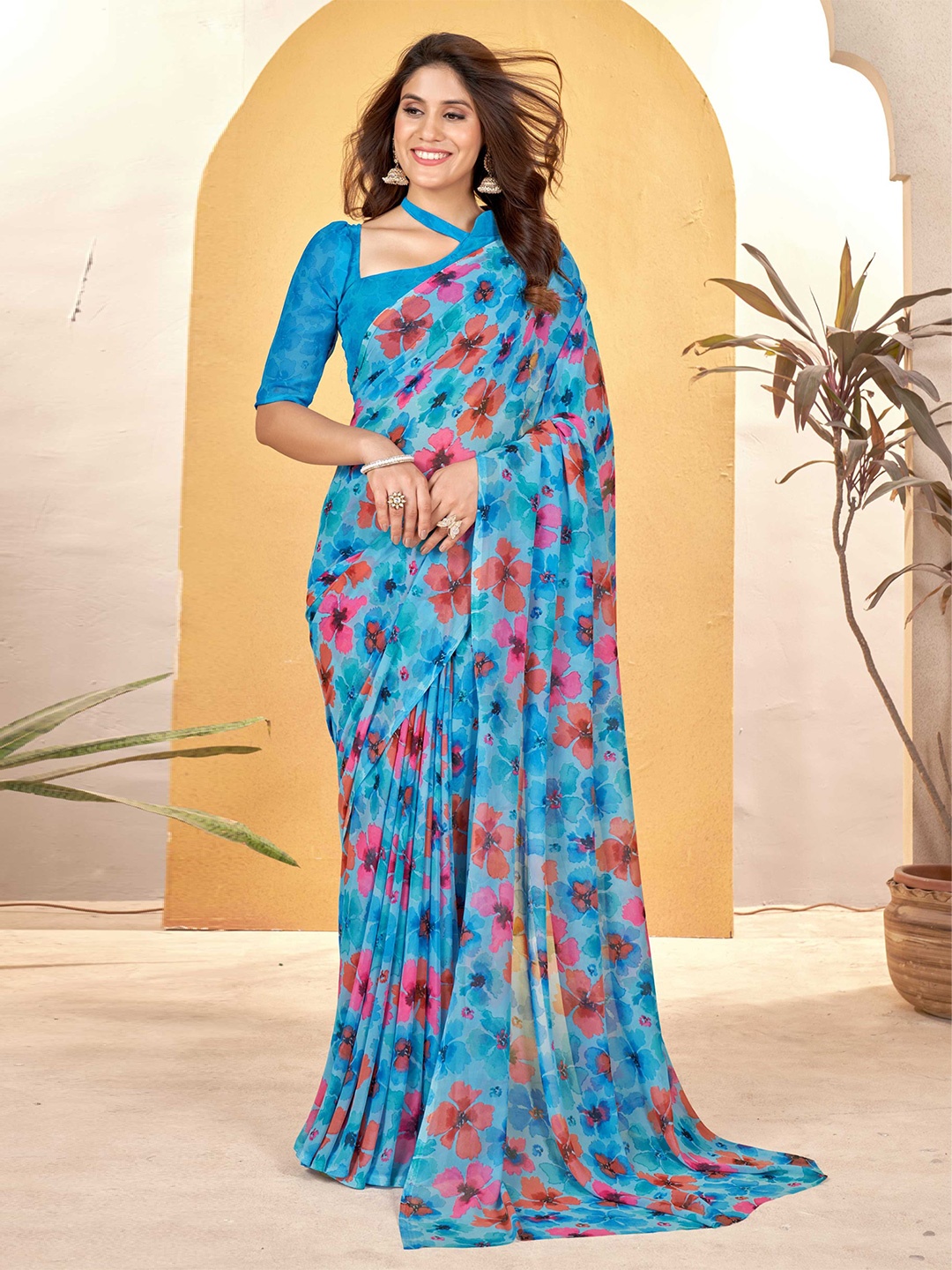 

Mitera Floral Printed Saree, Blue