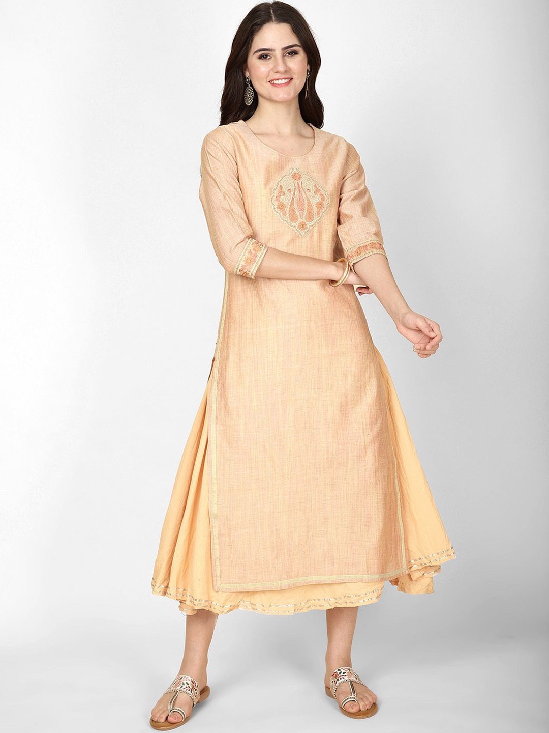 

Rue Collection Women Embroidered A-line Cotton Ethnic Dress, Beige