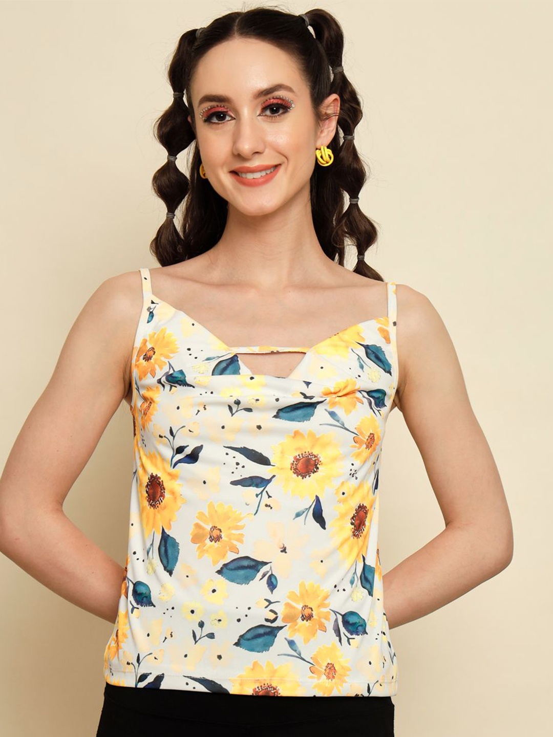 

TANDUL Floral Printed Shoulder Straps Top, White