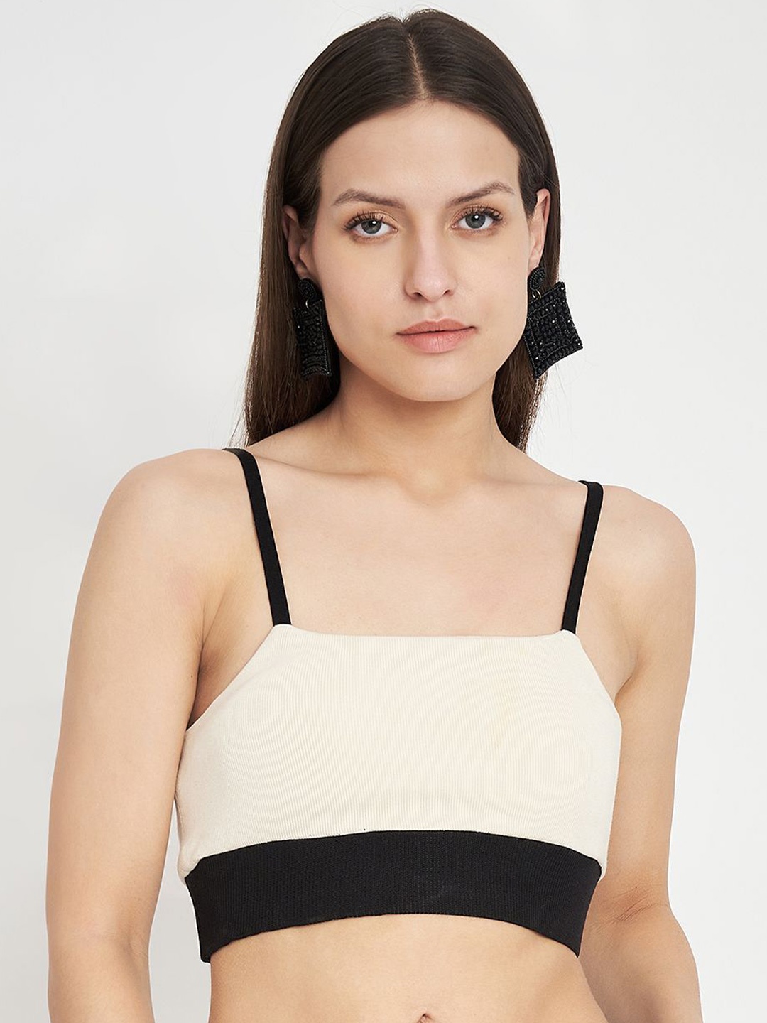 

CHARMGAL Cotton Colourblocked Bralette Sports Crop Top, Cream