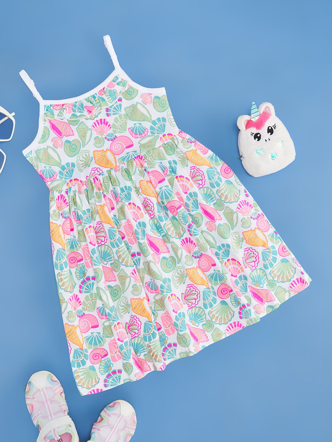 

Pantaloons Girls Shoulder Straps Floral Print Pure Cotton Fit & Flare Dress, White