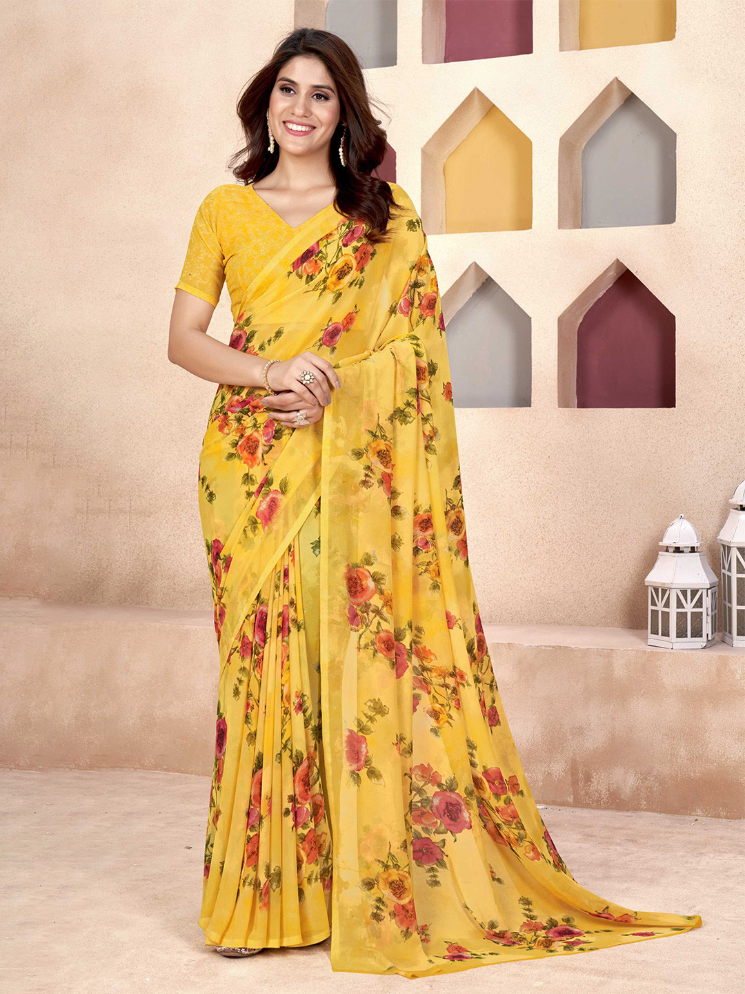 

Mitera Floral Printed Saree, Yellow
