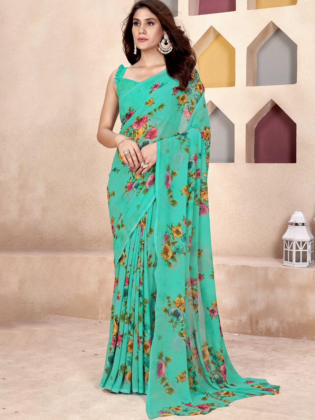 

Mitera Floral Printed Saree, Green