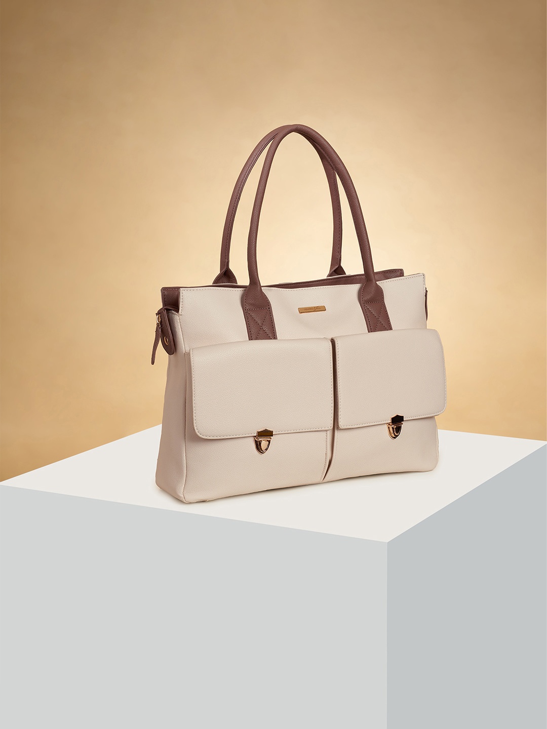 

Forever Glam by Pantaloons Colourblocked PU Oversized Structured Handheld Bag with Applique, Off white