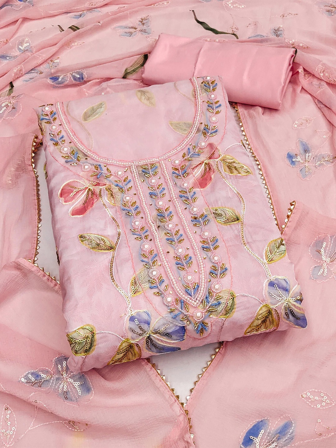 

KIMISHA Embellished Organza Unstitched Dress Material, Pink