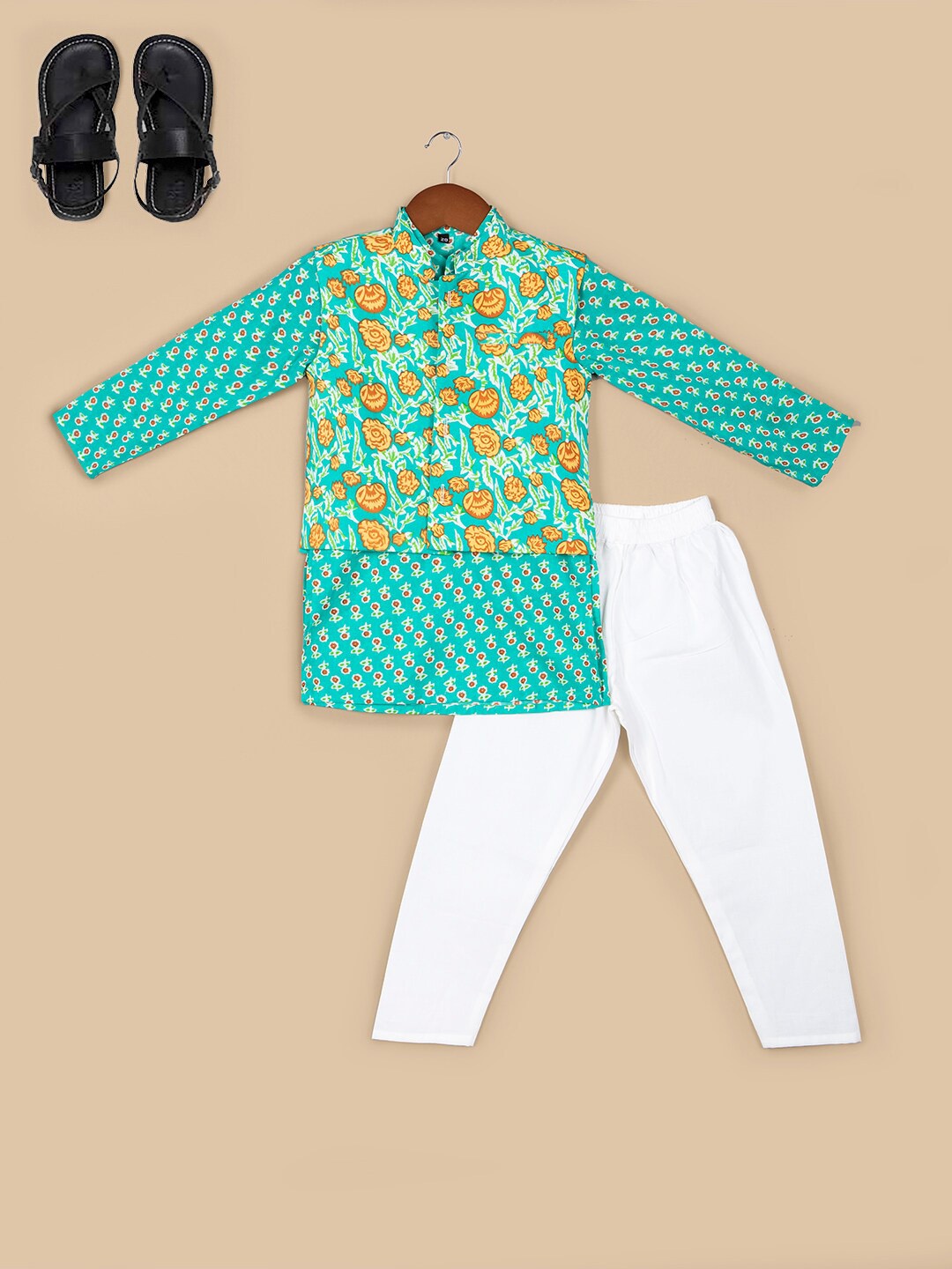 

Naughty Ninos Boys Floral Printed Regular Pure Cotton Kurta with Pyjamas, Green