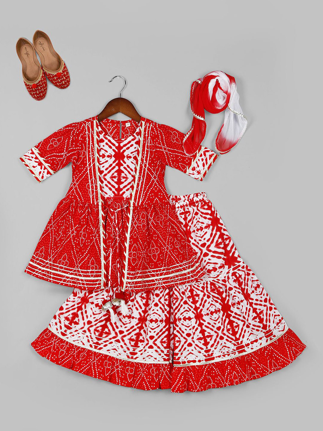 

Naughty Ninos Girls Ethnic Motifs Printed Pure Cotton Kurta with Sharara & Dupatta, Red