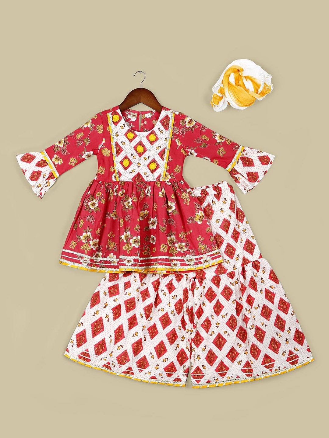 

Naughty Ninos Girls Floral Printed Gotta Patti Pure Cotton Kurta with Sharara & Dupatta, Red