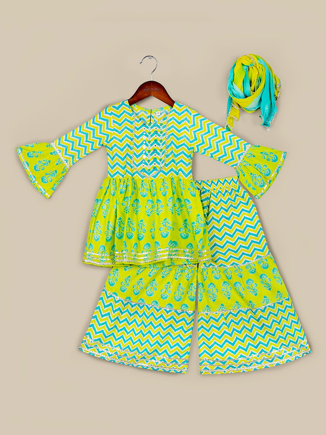 

Naughty Ninos Girls Round Neck Empire Gotta Patti Pure Cotton Kurta with Sharara & Dupatta, Green
