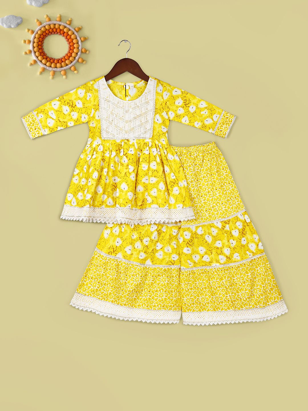 

Naughty Ninos Girls Round Neck Floral Printed Empire Cotton Kurta with Sharara & Dupatta, Yellow