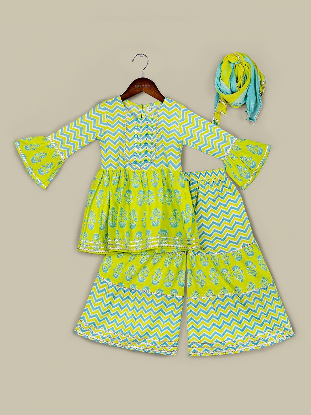 

Naughty Ninos Girls Printed Empire Gotta Patti Pure Cotton Kurti with Sharara & Dupatta, Green