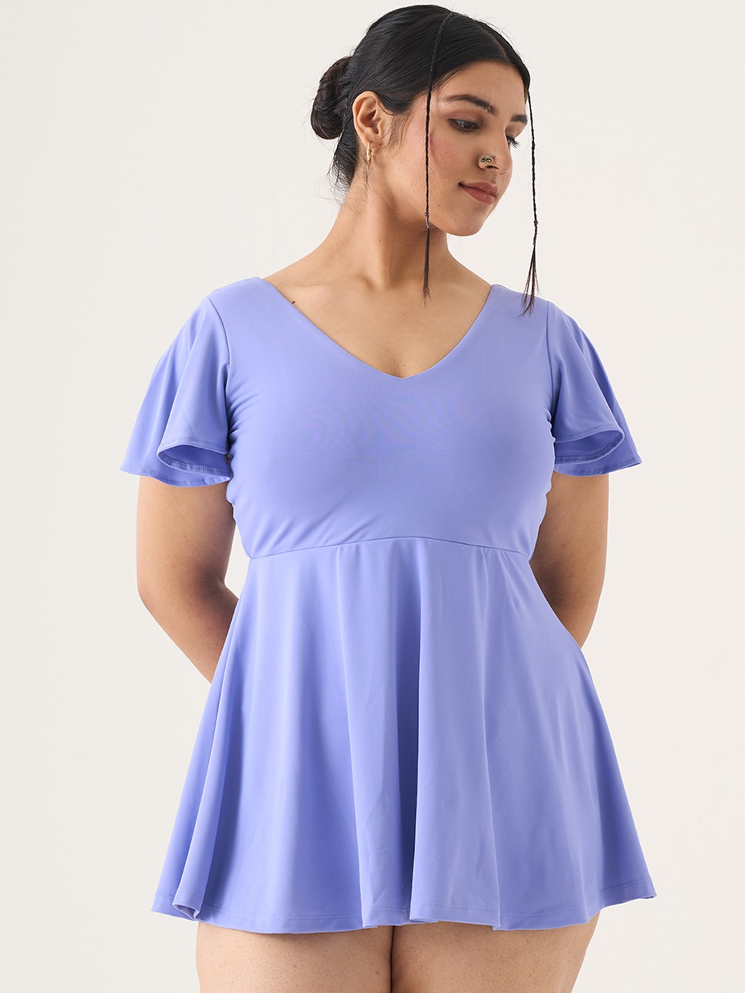 

SPIRIT ANIMAL Solid Flutter Sleeves Pull On Style Swimming Dress, Blue