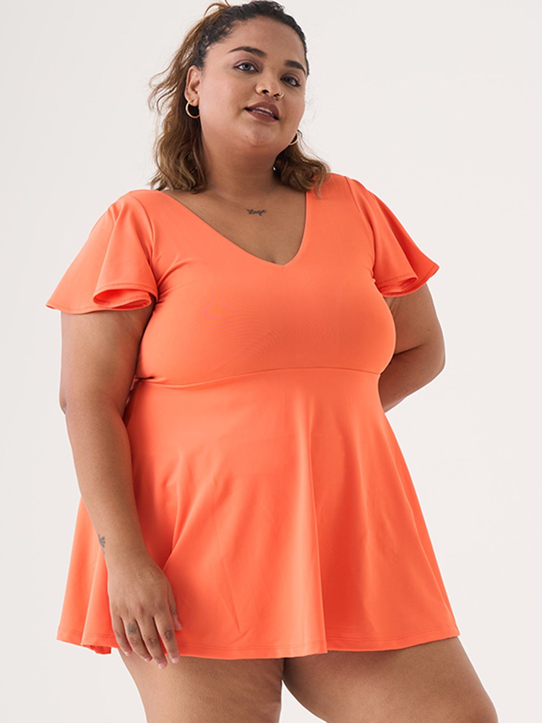 

SPIRIT ANIMALS Solid V-Neck Full Coverage Swimming Dress, Orange