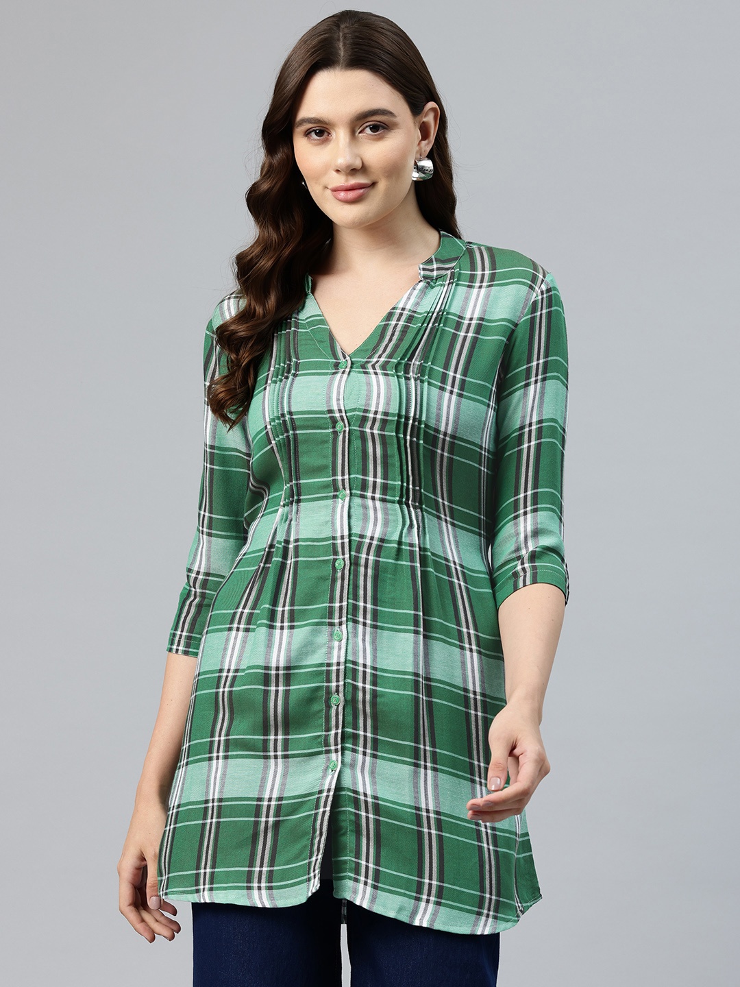 

One Femme Checked Mandarin Collar Checked Tunic, Green
