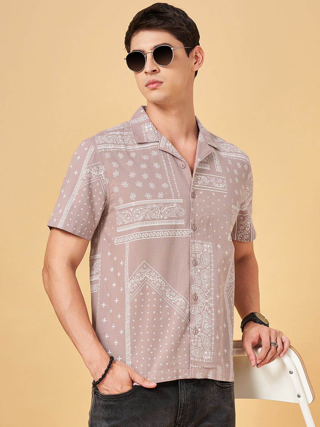 

People Men Cuban Collar Ethnic Motifs Printed Opaque Casual Shirt, Peach