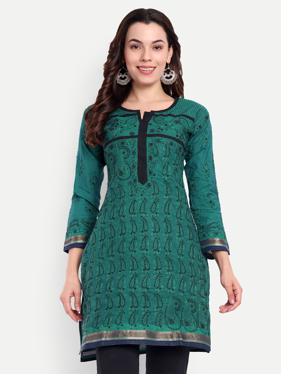 

Indiankala4u Paisley Embroidered Handloom Chikankari Kurti, Green