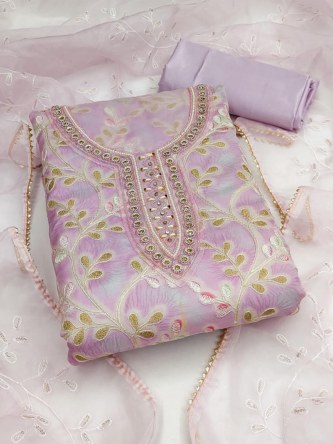 

KIMISHA Embroidered Organza Unstitched Dress Material, Lavender
