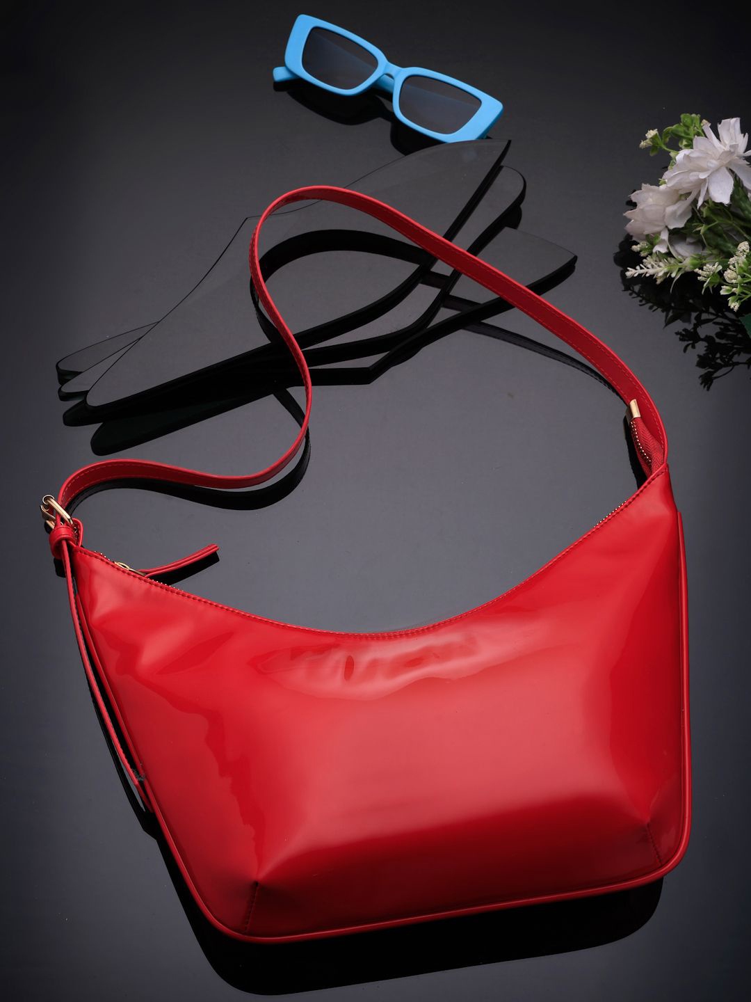 

DressBerry Textured PU Structured Handheld Bag with Cut Work, Red