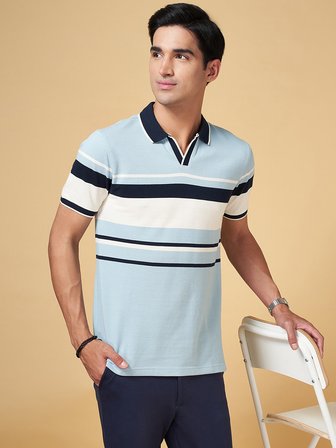 

BYFORD by Pantaloons Men Striped Polo Collar Slim Fit T-shirt, Blue