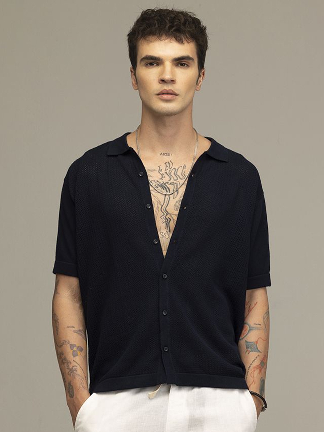 

Snitch Men Straight Slim Fit Semi Sheer Casual Shirt, Navy blue