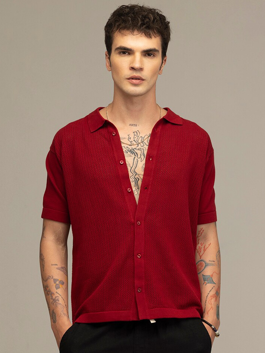 

Snitch Men Straight Slim Fit Semi Sheer Casual Shirt, Red