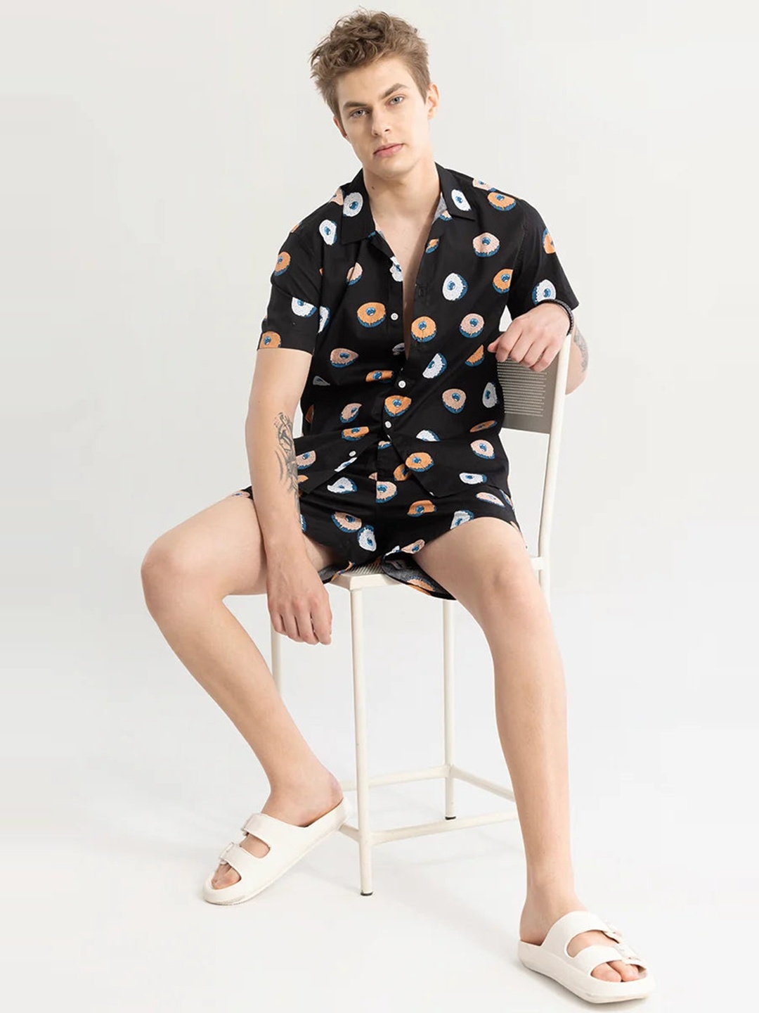 

Snitch Printed Pure Cotton Shirt With Shorts, Black