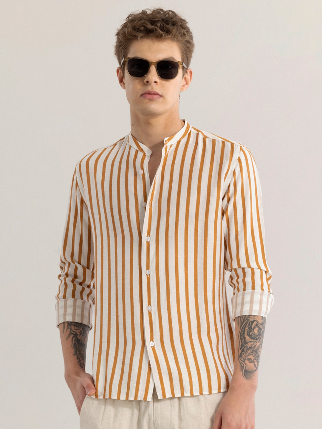 

Snitch Men Straight Slim Fit Opaque Striped Casual Shirt, White