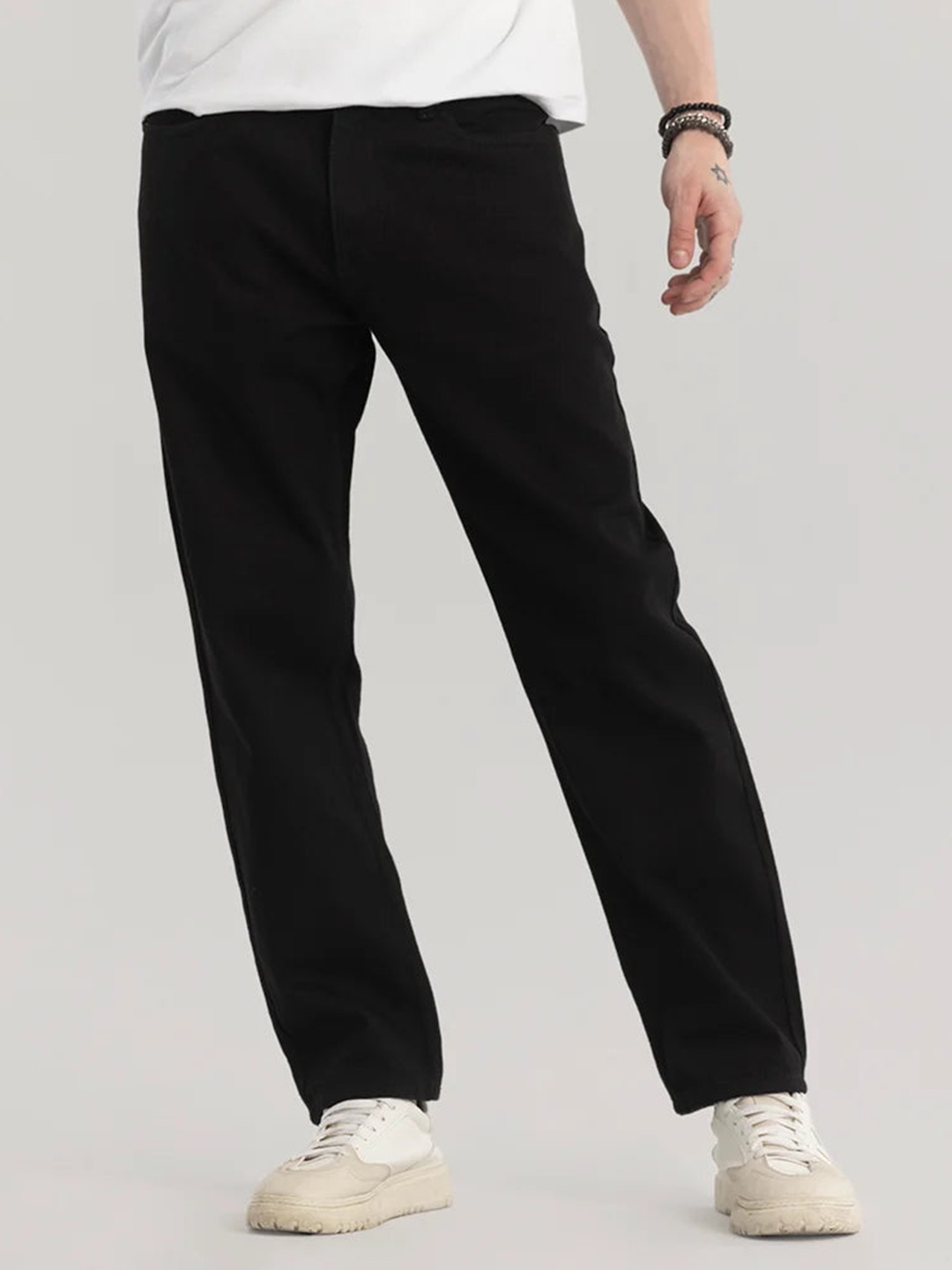 

Snitch Men Jean Relaxed Fit Mid Rise Clean Look Pure Cotton Jeans, Black