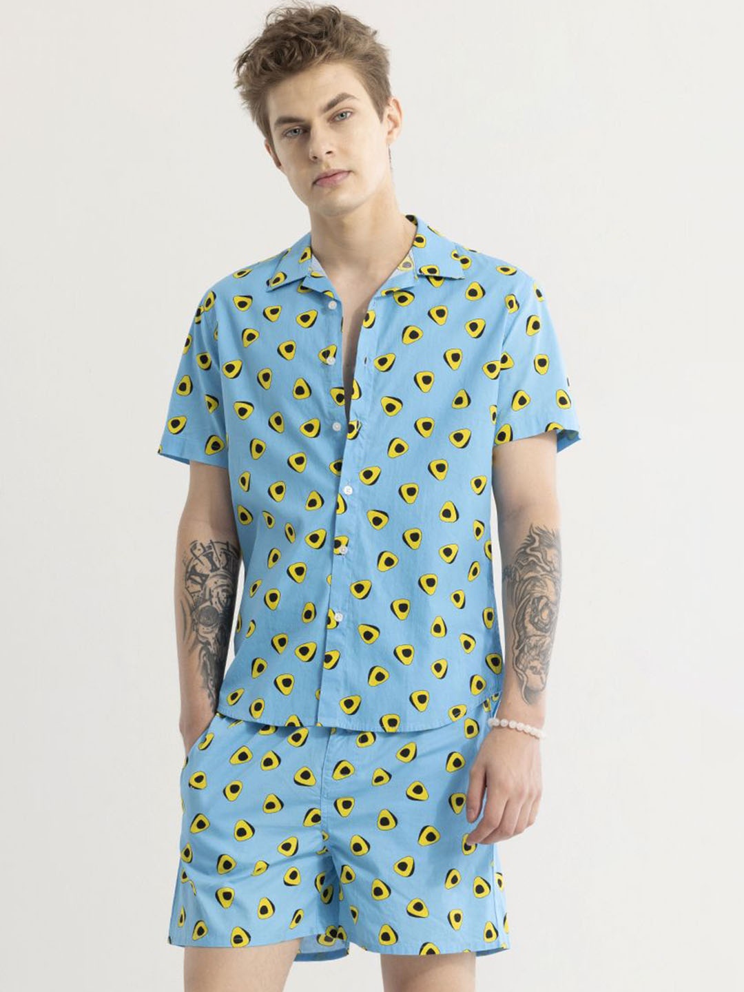 

Snitch Printed Pure Cotton Shirt With Shorts Co-Ords, Blue